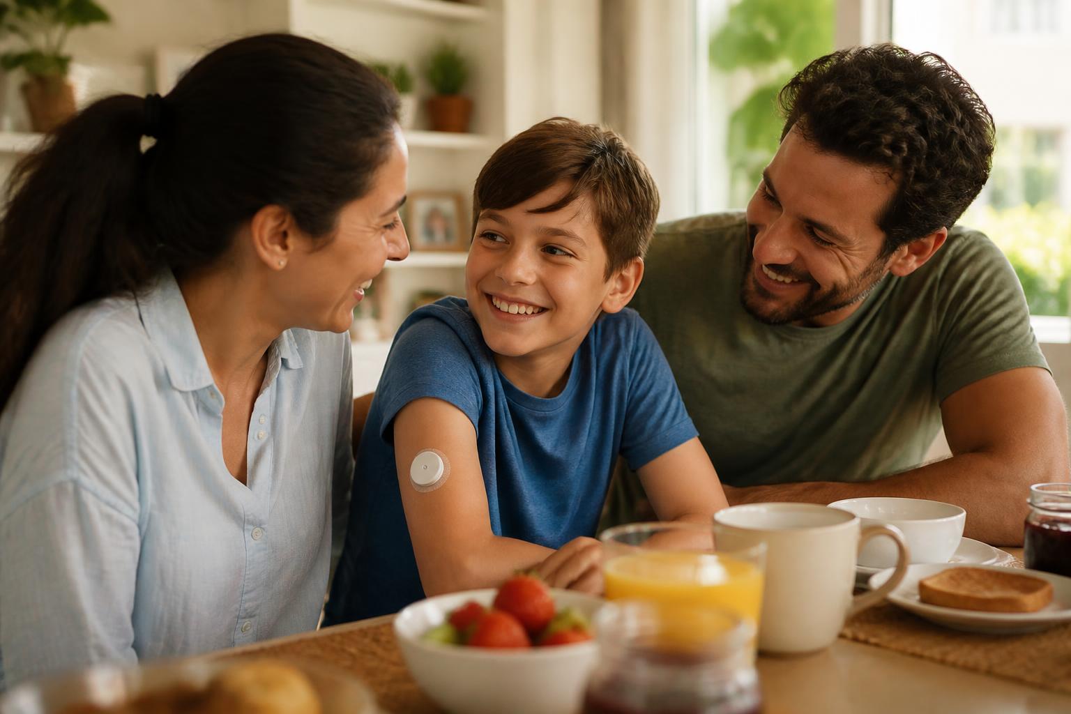 Eltern lachen mit ihrem Sohn beim Frühstück — der Junge trägt einen CGM-Sensor am Oberarm